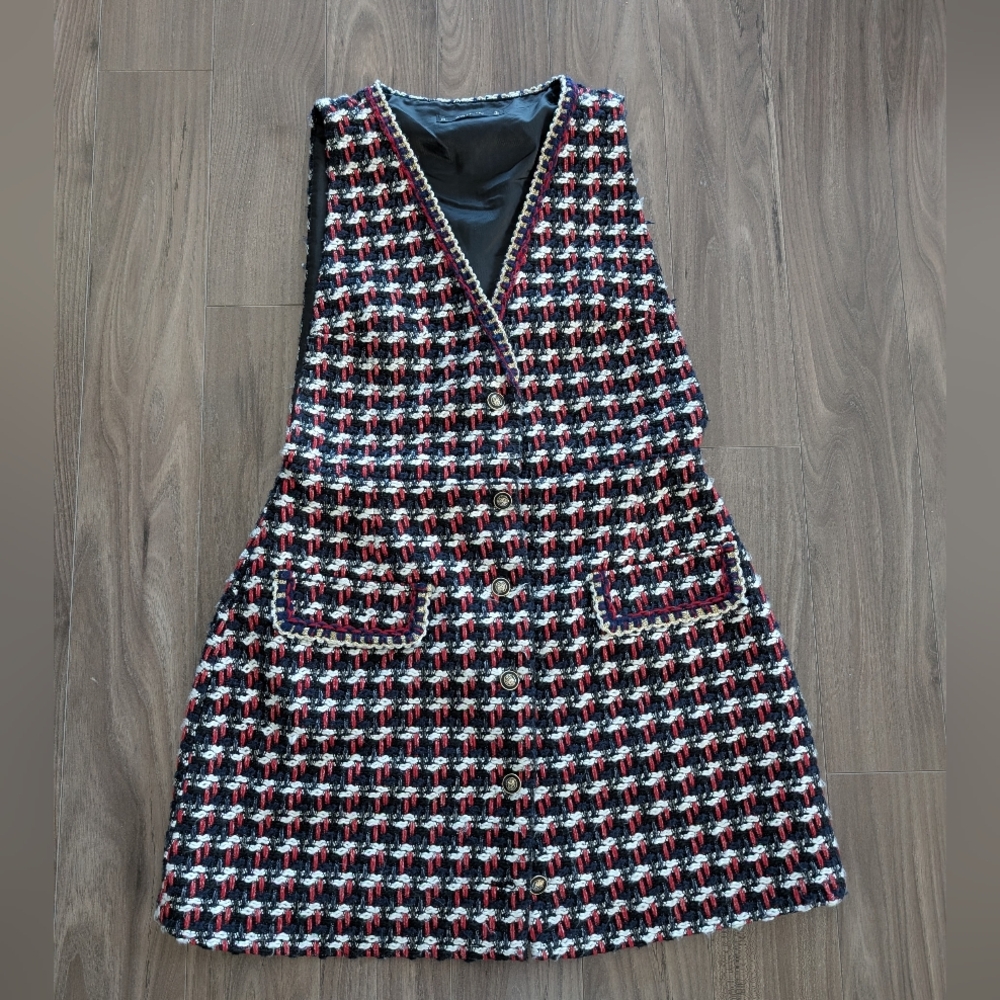 Zara Tweed Sleeveless Mini Dress / Long Vest With Metallic Buttons (Size Large)